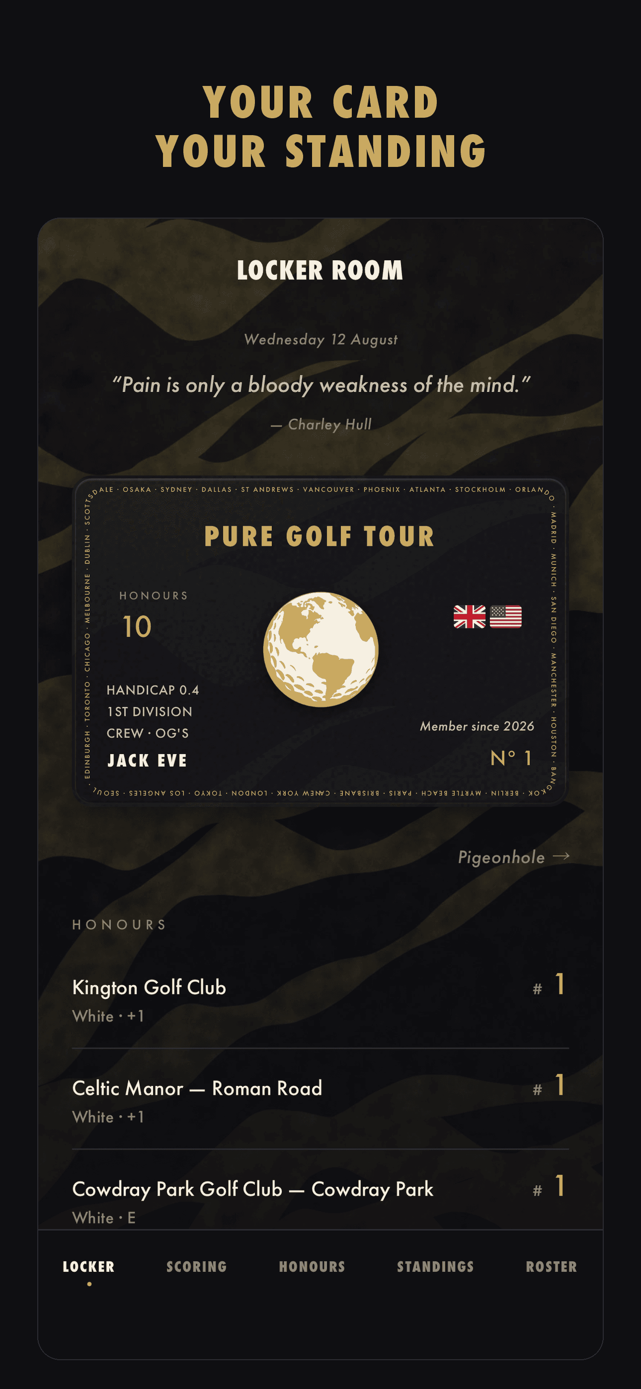 The Locker Room: a member’s Pure Golf Tour card, with their handicap, division and Crew, above their honours.